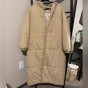 Khaki Knee length zip up puffer coat - sz M